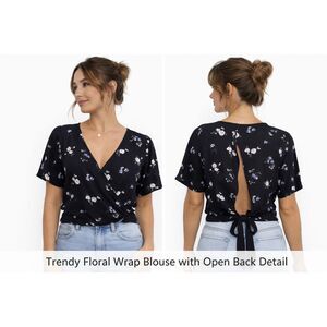 Abercrombie & Fitch Black Floral Wrap Open Back Tie Cottagecore Boho Top Size S